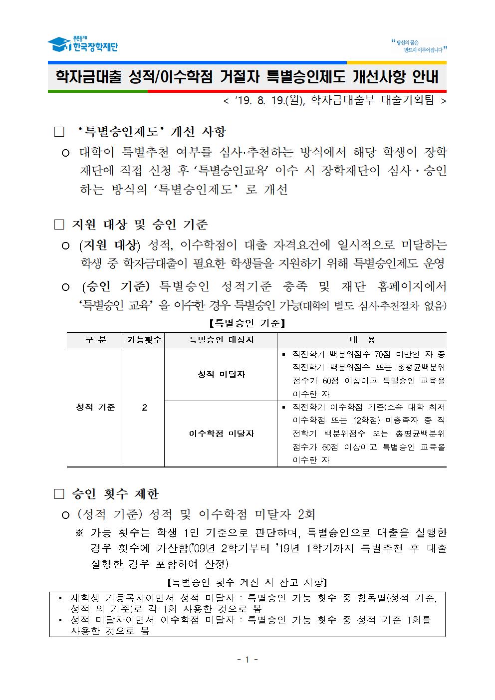 학자금 대출 성적/이수학점 거절자 특별승인제도 안내