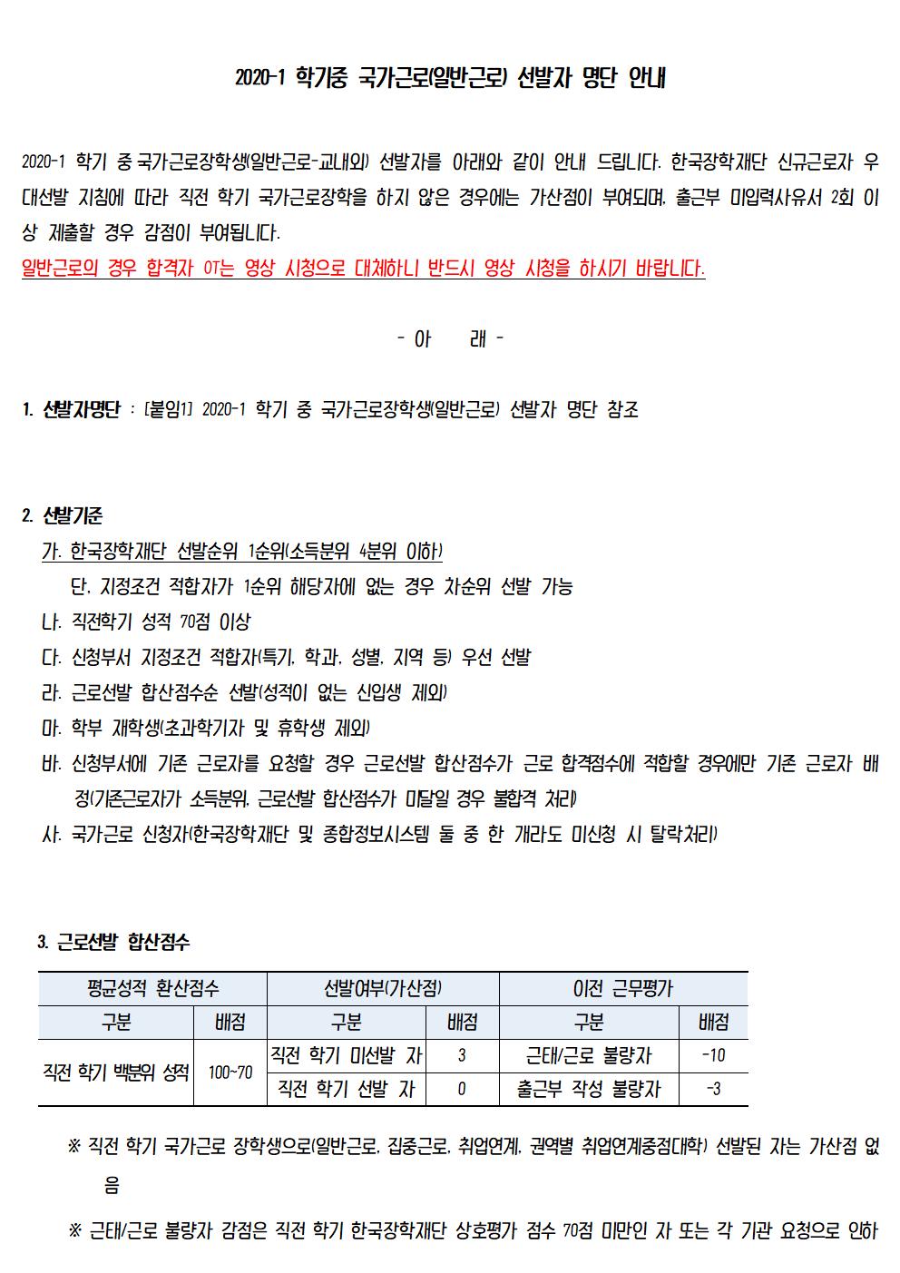 [근로] 2020-1 학기중 국가근로(일반근로) 선발자 명단 안내