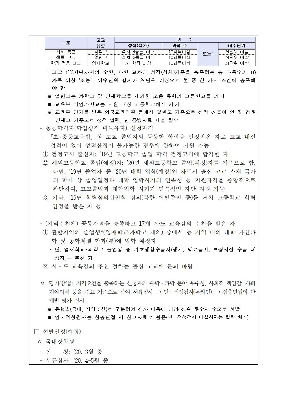 2020년 대통령과학장학금 국내 신규장학생 선발 공고