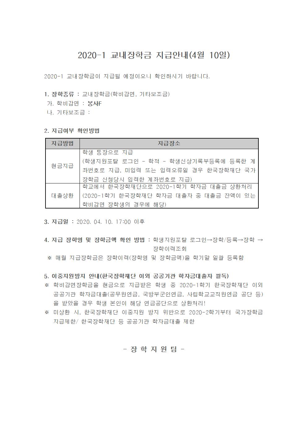 2020-1 교내장학금 지급안내(4월 10일)

2020-1 교내장학금이 지급될 예정이오니 확인하시기 바랍니다.

1. 장학종류 : 교내장학금(학비감면, 기타보조금)
 가. 학비감면 : 봉사F
 나. 기타보조금 : 

2. 지급여부 확인방법

지급방법
지급장소
현금지급
학생 통장으로 지급
(학생지원포탈 로그인 ? 학적 ? 학생신상기록부등록에 등록한 계좌번호로 지급, 미입력 또는 입력오류일 경우 한국장학재단 국가장학금 신청당시 입력한 계좌번호로 지급)
대출상환
학교에서 한국장학재단으로 2020-1학기 학자금 대출금 상환처리
(2020-1학기 한국장학재단 학자금 대출자 중 대출금 잔액이 있는 학비감면 장학생의 경우에 해당)


3. 지급일 : 2020. 04. 10. 17:00 이후 

4. 지급 장학명 및 장학금액 확인 방법 : 학생지원포탈 로그인→장학/등록→장학 →장학이력조회 
 ※ 매월 지급장학금은 장학이력(장학명 및 장학금액)을 학기말 일괄 등록함

5. 이중지원방지 안내(한국장학재단 이외 공공기관 학자금대출자 필독)
※ 학비감면장학금을 현금으로 지급받은 학생 중 2020-1학기 한국장학재단 이외 공공기관 학자금대출(공무원연금, 국방부군인연금, 사립학교교직원연금 공단 등)을 받았을 경우 학생 본인이 해당 연금공단으로 상환처리!
※ 미상환 시, 한국장학재단 이중지원 방지 위반으로 2020-2학기부터 국가장학금 지급제한/ 한국장학재단 등 공공기관 학자금대출 제한 


- 장 학 지 원 팀 -