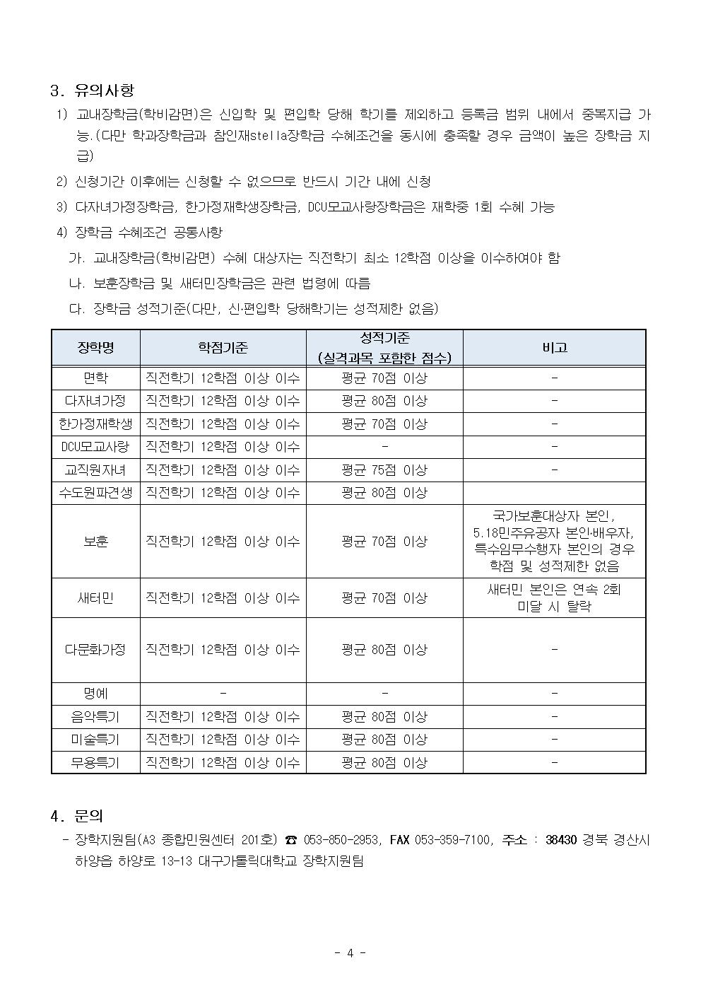 2020학년도 2학기 교내 장학금 신청안내