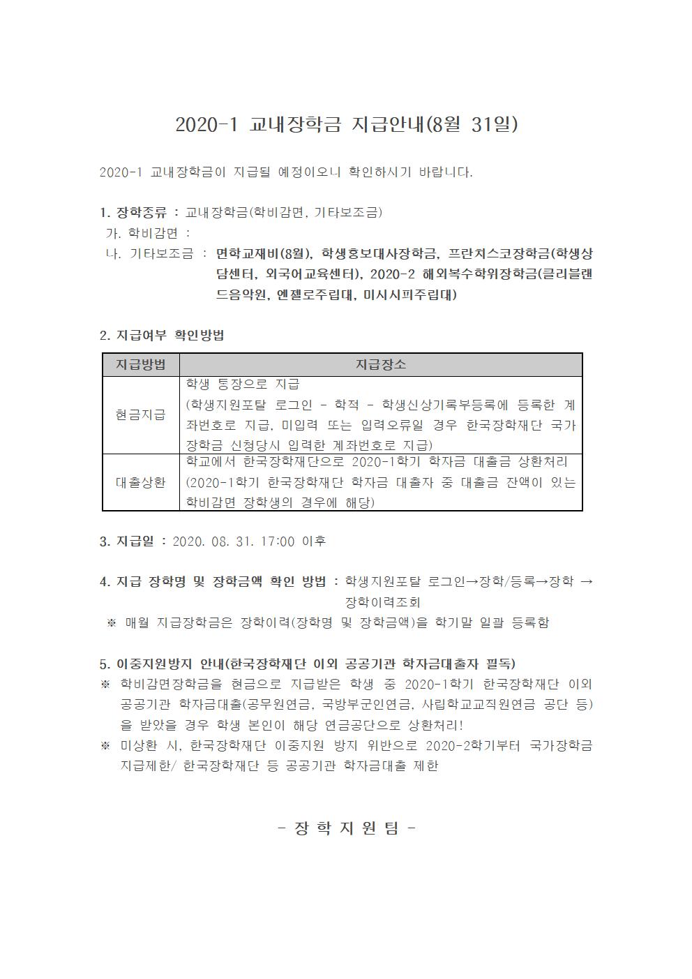 2020-1 교내장학금 지급안내(8월 31일)

2020-1 교내장학금이 지급될 예정이오니 확인하시기 바랍니다.

1. 장학종류 : 교내장학금(학비감면, 기타보조금)
 가. 학비감면 : 
 나. 기타보조금 : 면학교재비(8월), 학생홍보대사장학금, 프란치스코장학금(학생상담센터, 외국어교육센터), 2020-2 해외복수학위장학금(클리블랜드음악원, 엔젤로주립대, 미시시피주립대)

2. 지급여부 확인방법

지급방법
지급장소
현금지급
학생 통장으로 지급
(학생지원포탈 로그인 ? 학적 ? 학생신상기록부등록에 등록한 계좌번호로 지급, 미입력 또는 입력오류일 경우 한국장학재단 국가장학금 신청당시 입력한 계좌번호로 지급)
대출상환
학교에서 한국장학재단으로 2020-1학기 학자금 대출금 상환처리
(2020-1학기 한국장학재단 학자금 대출자 중 대출금 잔액이 있는 학비감면 장학생의 경우에 해당)


3. 지급일 : 2020. 08. 31. 17:00 이후 

4. 지급 장학명 및 장학금액 확인 방법 : 학생지원포탈 로그인→장학/등록→장학 →장학이력조회 
 ※ 매월 지급장학금은 장학이력(장학명 및 장학금액)을 학기말 일괄 등록함

5. 이중지원방지 안내(한국장학재단 이외 공공기관 학자금대출자 필독)
※ 학비감면장학금을 현금으로 지급받은 학생 중 2020-1학기 한국장학재단 이외 공공기관 학자금대출(공무원연금, 국방부군인연금, 사립학교교직원연금 공단 등)을 받았을 경우 학생 본인이 해당 연금공단으로 상환처리!
※ 미상환 시, 한국장학재단 이중지원 방지 위반으로 2020-2학기부터 국가장학금 지급제한/ 한국장학재단 등 공공기관 학자금대출 제한 


- 장 학 지 원 팀 -