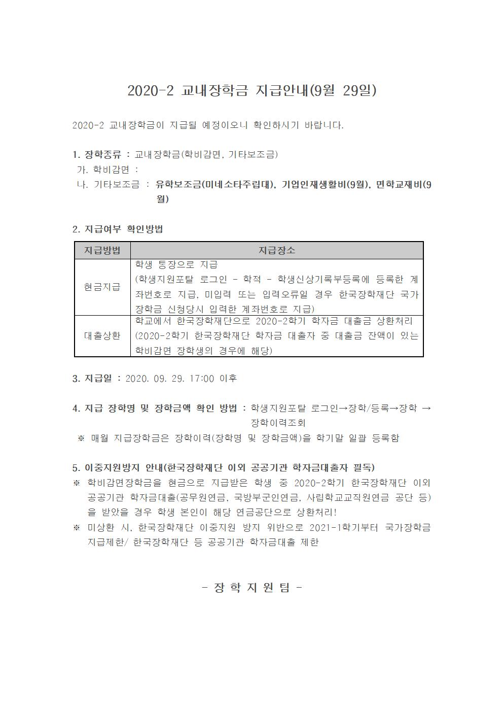 2020-2 교내장학금 지급안내(9월 29일)

2020-2 교내장학금이 지급될 예정이오니 확인하시기 바랍니다.

1. 장학종류 : 교내장학금(학비감면, 기타보조금)
 가. 학비감면 : 
 나. 기타보조금 : 유학보조금(미네소타주립대), 기업인재생활비(9월), 면학교재비(9월)

2. 지급여부 확인방법

지급방법
지급장소
현금지급
학생 통장으로 지급
(학생지원포탈 로그인 ? 학적 ? 학생신상기록부등록에 등록한 계좌번호로 지급, 미입력 또는 입력오류일 경우 한국장학재단 국가장학금 신청당시 입력한 계좌번호로 지급)
대출상환
학교에서 한국장학재단으로 2020-2학기 학자금 대출금 상환처리
(2020-2학기 한국장학재단 학자금 대출자 중 대출금 잔액이 있는 학비감면 장학생의 경우에 해당)


3. 지급일 : 2020. 09. 29. 17:00 이후 

4. 지급 장학명 및 장학금액 확인 방법 : 학생지원포탈 로그인→장학/등록→장학 →장학이력조회 
 ※ 매월 지급장학금은 장학이력(장학명 및 장학금액)을 학기말 일괄 등록함

5. 이중지원방지 안내(한국장학재단 이외 공공기관 학자금대출자 필독)
※ 학비감면장학금을 현금으로 지급받은 학생 중 2020-2학기 한국장학재단 이외 공공기관 학자금대출(공무원연금, 국방부군인연금, 사립학교교직원연금 공단 등)을 받았을 경우 학생 본인이 해당 연금공단으로 상환처리!
※ 미상환 시, 한국장학재단 이중지원 방지 위반으로 2021-1학기부터 국가장학금 지급제한/ 한국장학재단 등 공공기관 학자금대출 제한 


- 장 학 지 원 팀 -