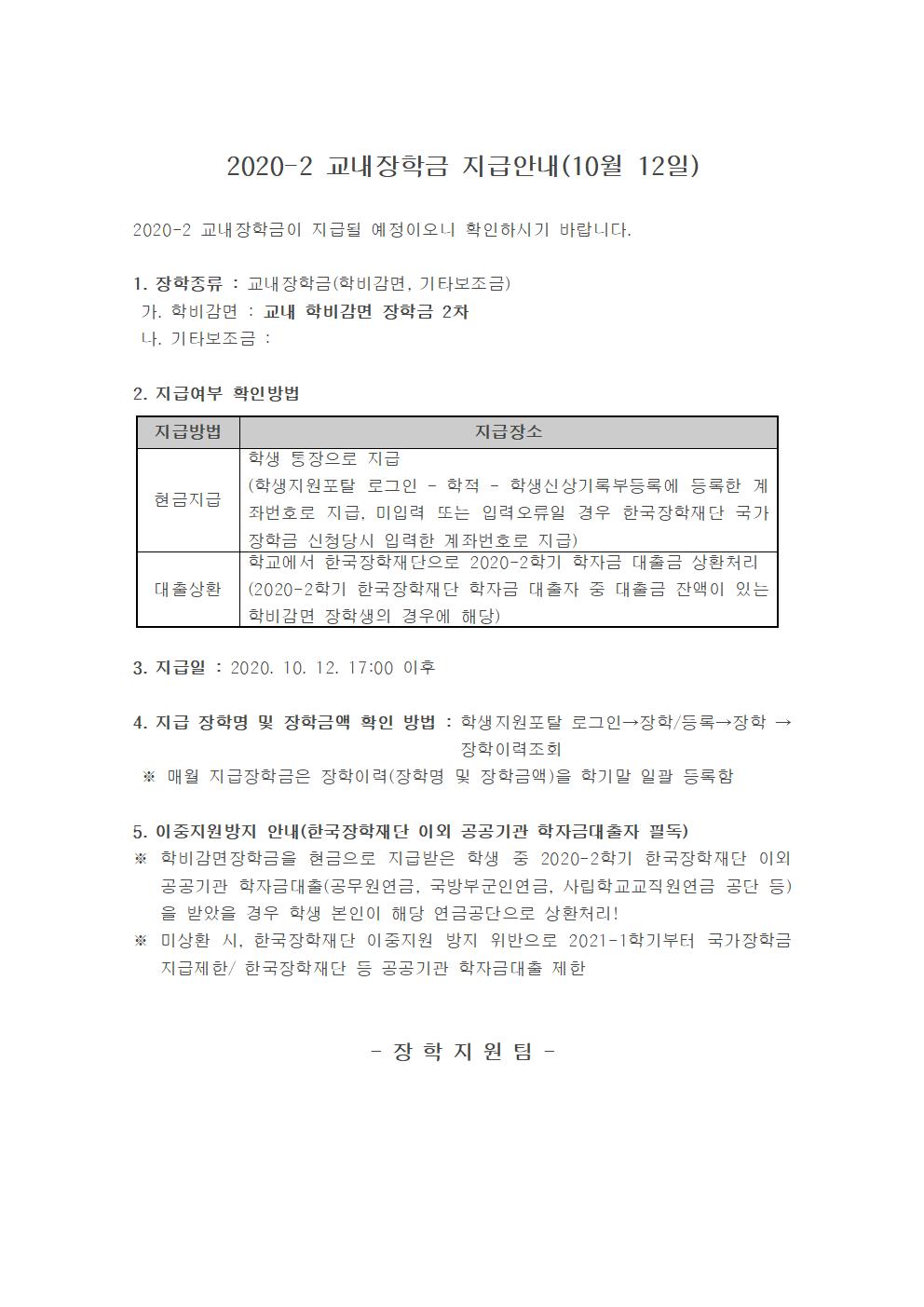 2020-2 교내장학금 지급안내(10월 12일)

2020-2 교내장학금이 지급될 예정이오니 확인하시기 바랍니다.

1. 장학종류 : 교내장학금(학비감면, 기타보조금)
 가. 학비감면 : 교내 학비감면 장학금 2차
 나. 기타보조금 : 

2. 지급여부 확인방법

지급방법
지급장소
현금지급
학생 통장으로 지급
(학생지원포탈 로그인 ? 학적 ? 학생신상기록부등록에 등록한 계좌번호로 지급, 미입력 또는 입력오류일 경우 한국장학재단 국가장학금 신청당시 입력한 계좌번호로 지급)
대출상환
학교에서 한국장학재단으로 2020-2학기 학자금 대출금 상환처리
(2020-2학기 한국장학재단 학자금 대출자 중 대출금 잔액이 있는 학비감면 장학생의 경우에 해당)


3. 지급일 : 2020. 10. 12. 17:00 이후 

4. 지급 장학명 및 장학금액 확인 방법 : 학생지원포탈 로그인→장학/등록→장학 →장학이력조회 
 ※ 매월 지급장학금은 장학이력(장학명 및 장학금액)을 학기말 일괄 등록함

5. 이중지원방지 안내(한국장학재단 이외 공공기관 학자금대출자 필독)
※ 학비감면장학금을 현금으로 지급받은 학생 중 2020-2학기 한국장학재단 이외 공공기관 학자금대출(공무원연금, 국방부군인연금, 사립학교교직원연금 공단 등)을 받았을 경우 학생 본인이 해당 연금공단으로 상환처리!
※ 미상환 시, 한국장학재단 이중지원 방지 위반으로 2021-1학기부터 국가장학금 지급제한/ 한국장학재단 등 공공기관 학자금대출 제한 


- 장 학 지 원 팀 -