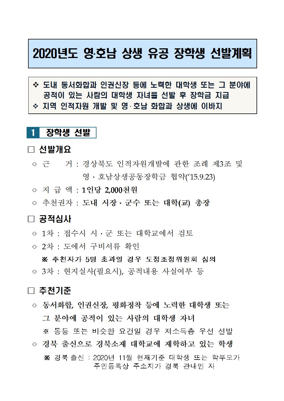 2020년 영호남 상생유공 장학생선발계획