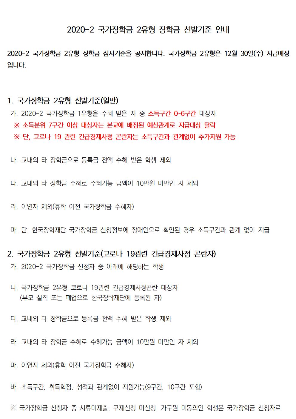 2020-2 국가장학금 2유형 장학금 선발기준 안내

2020-2 국가장학금 2유형 장학금 심사기준을 공지합니다. 국가장학금 2유형은 12월 30일(수) 지급예정입니다. 


1. 국가장학금 2유형 선발기준(일반)
 가. 2020-2 국가장학금 1유형을 수혜 받은 자 중 소득구간 0~6구간 대상자
  ※ 소득분위 7구간 이상 대상자는 본교에 배정된 예산관계로 지급대상 탈락
  ※ 단, 코로나 19 관련 긴급경제사정 곤란자는 소득구간과 관계없이 추가지원 가능

 나. 교내외 타 장학금으로 등록금 전액 수혜 받은 학생 제외

 다. 교내외 타 장학금 수혜로 수혜가능 금액이 10만원 미만인 자 제외

 라. 이연자 제외(휴학 이전 국가장학금 수혜자)

 마. 단, 한국장학재단 국가장학금 신청정보에 장애인으로 확인된 경우 소득구간과 관계 없이 지급

2. 국가장학금 2유형 선발기준(코로나 19관련 긴급경제사정 곤란자)
 가. 2020-2 국가장학금 신청자 중 아래에 해당하는 학생

 나. 국가장학금 2유형 코로나 19관련 긴급경제사정곤란 대상자
    (부모 실직 또는 폐업으로 한국장학재단에 등록된 자)

 다. 교내외 타 장학금으로 등록금 전액 수혜 받은 학생 제외

 라. 교내외 타 장학금 수혜로 수혜가능 금액이 10만원 미만인 자 제외

 마. 이연자 제외(휴학 이전 국가장학금 수혜자)

 바. 소득구간, 취득학점, 성적과 관계없이 지원가능(9구간, 10구간 포함)

 ※ 국가장학금 신청자 중 서류미제출, 구제신청 미신청, 가구원 미동의인 학생은 국가장학금 신청자로 인정하지 않음