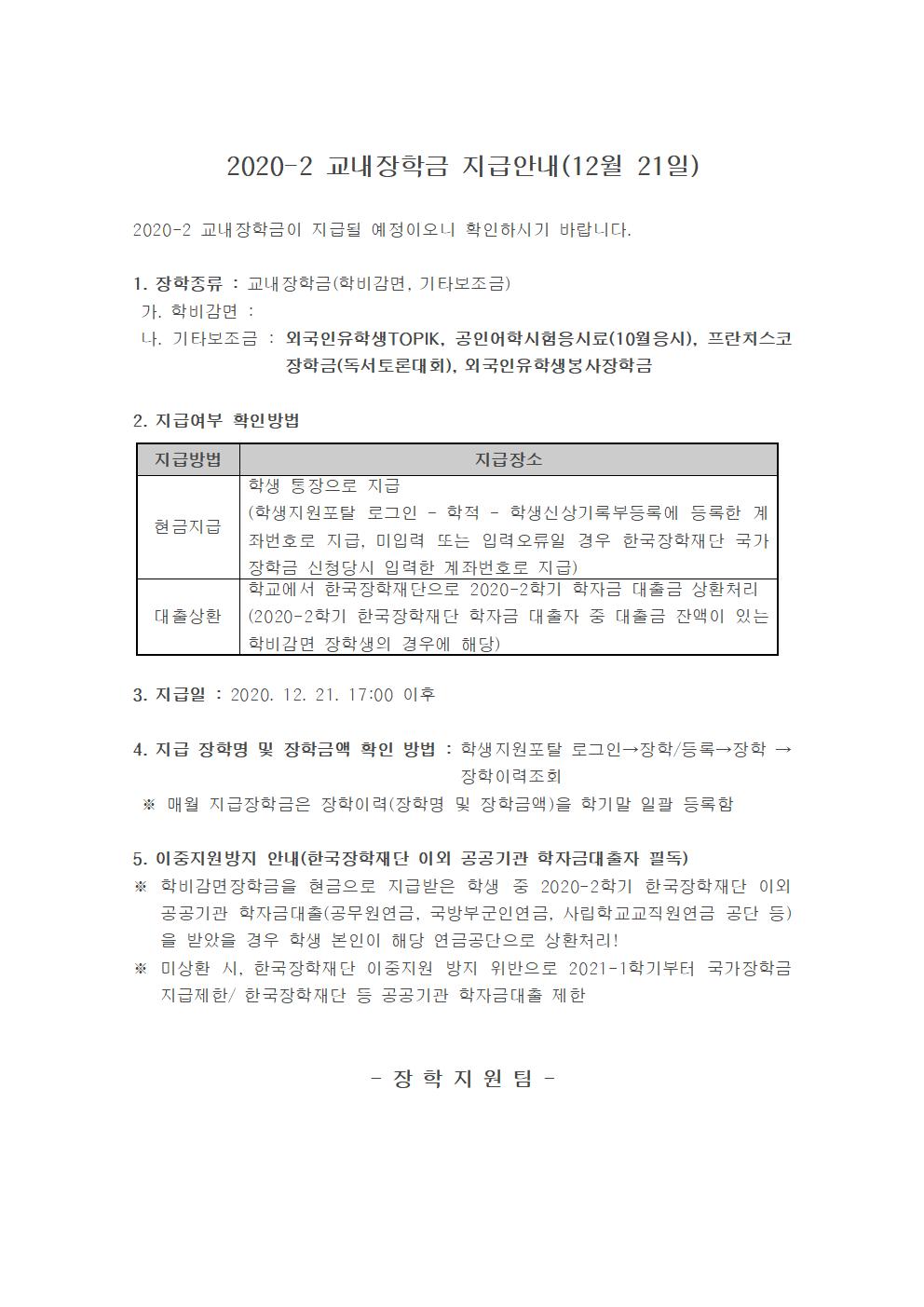 2020-2 교내장학금 지급안내(12월 21일)

2020-2 교내장학금이 지급될 예정이오니 확인하시기 바랍니다.

1. 장학종류 : 교내장학금(학비감면, 기타보조금)
 가. 학비감면 : 
 나. 기타보조금 : 외국인유학생TOPIK, 공인어학시험응시료(10월응시), 프란치스코장학금(독서토론대회), 외국인유학생봉사장학금

2. 지급여부 확인방법

지급방법
지급장소
현금지급
학생 통장으로 지급
(학생지원포탈 로그인 ? 학적 ? 학생신상기록부등록에 등록한 계좌번호로 지급, 미입력 또는 입력오류일 경우 한국장학재단 국가장학금 신청당시 입력한 계좌번호로 지급)
대출상환
학교에서 한국장학재단으로 2020-2학기 학자금 대출금 상환처리
(2020-2학기 한국장학재단 학자금 대출자 중 대출금 잔액이 있는 학비감면 장학생의 경우에 해당)


3. 지급일 : 2020. 12. 21. 17:00 이후 

4. 지급 장학명 및 장학금액 확인 방법 : 학생지원포탈 로그인→장학/등록→장학 →장학이력조회 
 ※ 매월 지급장학금은 장학이력(장학명 및 장학금액)을 학기말 일괄 등록함

5. 이중지원방지 안내(한국장학재단 이외 공공기관 학자금대출자 필독)
※ 학비감면장학금을 현금으로 지급받은 학생 중 2020-2학기 한국장학재단 이외 공공기관 학자금대출(공무원연금, 국방부군인연금, 사립학교교직원연금 공단 등)을 받았을 경우 학생 본인이 해당 연금공단으로 상환처리!
※ 미상환 시, 한국장학재단 이중지원 방지 위반으로 2021-1학기부터 국가장학금 지급제한/ 한국장학재단 등 공공기관 학자금대출 제한 


- 장 학 지 원 팀 -