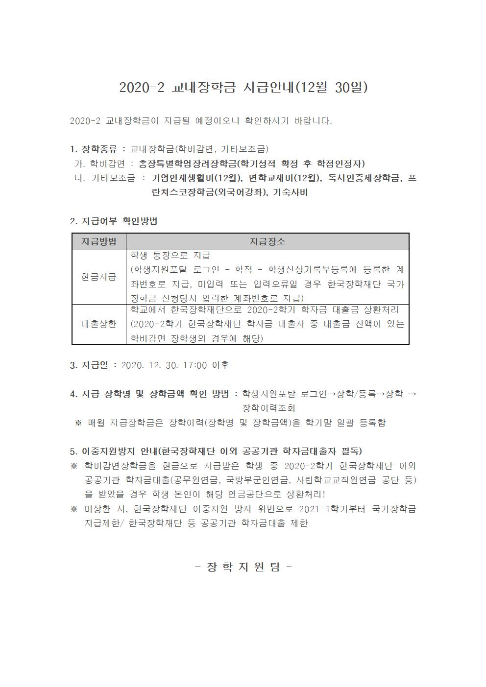 2020-2 교내장학금 지급안내(12월 30일)

2020-2 교내장학금이 지급될 예정이오니 확인하시기 바랍니다.

1. 장학종류 : 교내장학금(학비감면, 기타보조금)
 가. 학비감면 : 총장특별학업장려장학금(학기성적 확정 후 학점인정자)
 나. 기타보조금 : 기업인재생활비(12월), 면학교재비(12월), 독서인증제장학금, 프란치스코장학금(외국어강좌), 기숙사비

2. 지급여부 확인방법

지급방법
지급장소
현금지급
학생 통장으로 지급
(학생지원포탈 로그인 ? 학적 ? 학생신상기록부등록에 등록한 계좌번호로 지급, 미입력 또는 입력오류일 경우 한국장학재단 국가장학금 신청당시 입력한 계좌번호로 지급)
대출상환
학교에서 한국장학재단으로 2020-2학기 학자금 대출금 상환처리
(2020-2학기 한국장학재단 학자금 대출자 중 대출금 잔액이 있는 학비감면 장학생의 경우에 해당)


3. 지급일 : 2020. 12. 30. 17:00 이후 

4. 지급 장학명 및 장학금액 확인 방법 : 학생지원포탈 로그인→장학/등록→장학 →장학이력조회 
 ※ 매월 지급장학금은 장학이력(장학명 및 장학금액)을 학기말 일괄 등록함

5. 이중지원방지 안내(한국장학재단 이외 공공기관 학자금대출자 필독)
※ 학비감면장학금을 현금으로 지급받은 학생 중 2020-2학기 한국장학재단 이외 공공기관 학자금대출(공무원연금, 국방부군인연금, 사립학교교직원연금 공단 등)을 받았을 경우 학생 본인이 해당 연금공단으로 상환처리!
※ 미상환 시, 한국장학재단 이중지원 방지 위반으로 2021-1학기부터 국가장학금 지급제한/ 한국장학재단 등 공공기관 학자금대출 제한 


- 장 학 지 원 팀 -