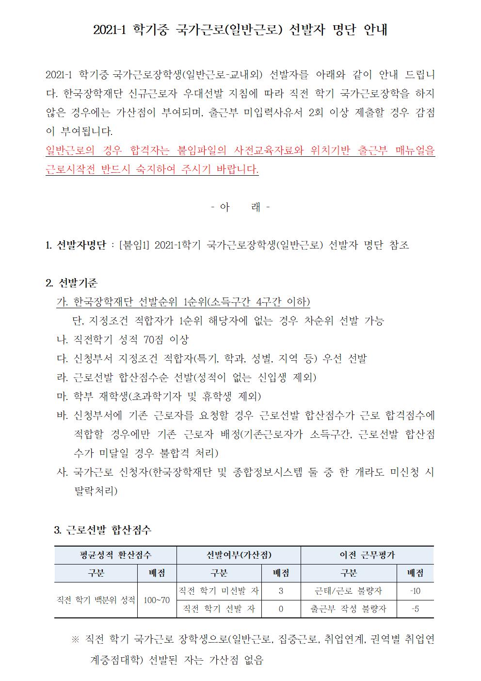 [근로] 2021-1학기 국가근로(일반근로) 선발자 명단 안내