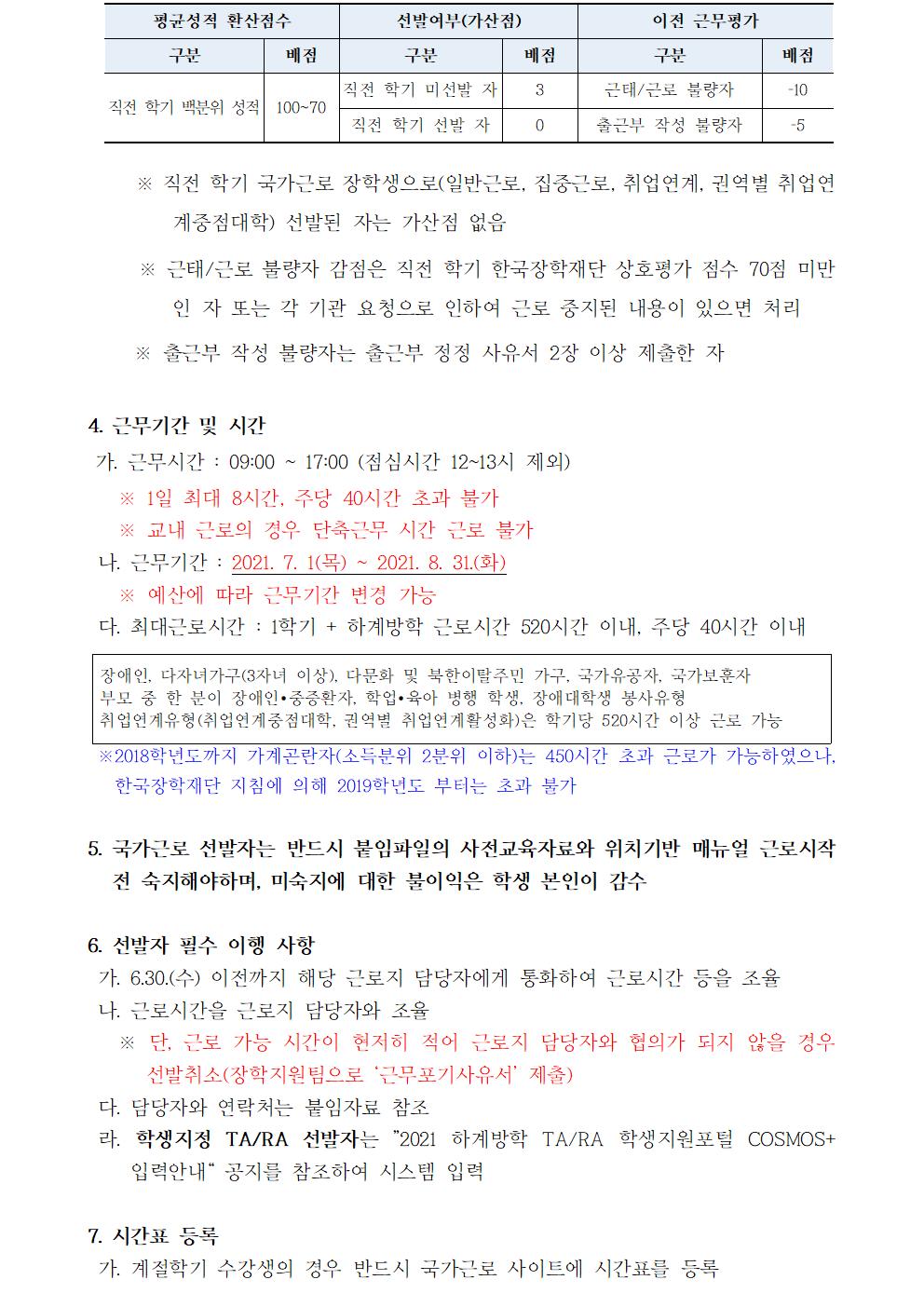 [근로](학과사무실 포함)2021-1 하계방학중 국가근로(일반근로 및 TA/RA) 선발자 명단 안내