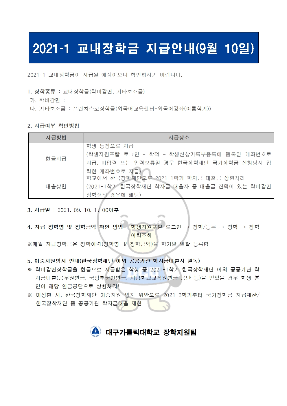 2021-1 교내장학금 지급안내(9월 10일) 


2021-1 교내장학금이 지급될 예정이오니 확인하시기 바랍니다.

1. 장학종류 : 교내장학금(학비감면, 기타보조금)
 가. 학비감면 : 
 나. 기타보조금 : 프란치스코장학금(외국어교육센터-외국어강좌(여름학기))
                 
2. 지급여부 확인방법

지급방법
지급장소
현금지급
학생 통장으로 지급
(학생지원포탈 로그인 ? 학적 ? 학생신상기록부등록에 등록한 계좌번호로 지급, 미입력 또는 입력오류일 경우 한국장학재단 국가장학금 신청당시 입력한 계좌번호로 지급)
대출상환
학교에서 한국장학재단으로 2021-1학기 학자금 대출금 상환처리
(2021-1학기 한국장학재단 학자금 대출자 중 대출금 잔액이 있는 학비감면 장학생의 경우에 해당)


3. 지급일 : 2021. 09. 10. 17:00이후

4. 지급 장학명 및 장학금액 확인 방법 : 학생지원포탈 로그인 → 장학/등록 → 장학 → 장학이력조회
※매월 지급장학금은 장학이력(장학명 및 장학금액)을 학기말 일괄 등록함

5. 이중지원방지 안내(한국장학재단 이외 공공기관 학자금대출자 필독)
※ 학비감면장학금을 현금으로 지급받은 학생 중 2021-1학기 한국장학재단 이외 공공기관 학자금대출(공무원연금, 국방부군인연금, 사립학교교직원연금 공단 등)을 받았을 경우 학생 본인이 해당 연금공단으로 상환처리!
※ 미상환 시, 한국장학재단 이중지원 방지 위반으로 2021-2학기부터 국가장학금 지급제한/ 한국장학재단 등 공공기관 학자금대출 제한   


  대구가톨릭대학교 장학지원팀