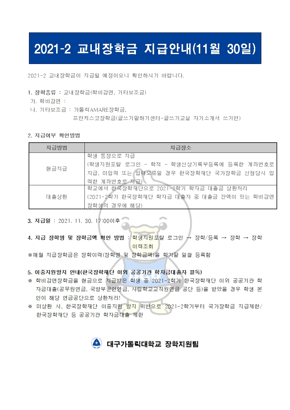 2021-2 교내장학금 지급안내(11월 30일) 

2021-2 교내장학금이 지급될 예정이오니 확인하시기 바랍니다.

1. 장학종류 : 교내장학금(학비감면, 기타보조금)
 가. 학비감면 : 
 나. 기타보조금 : 가톨릭AMARE장학금, 
                 프란치스코장학금(글쓰기말하기센터-글쓰기교실 자기소개서 쓰기반)
                    
2. 지급여부 확인방법

지급방법
지급장소
현금지급
학생 통장으로 지급
(학생지원포탈 로그인 ? 학적 ? 학생신상기록부등록에 등록한 계좌번호로 지급, 미입력 또는 입력오류일 경우 한국장학재단 국가장학금 신청당시 입력한 계좌번호로 지급)
대출상환
학교에서 한국장학재단으로 2021-2학기 학자금 대출금 상환처리
(2021-2학기 한국장학재단 학자금 대출자 중 대출금 잔액이 있는 학비감면 장학생의 경우에 해당)


3. 지급일 : 2021. 11. 30. 17:00이후

4. 지급 장학명 및 장학금액 확인 방법 : 학생지원포탈 로그인 → 장학/등록 → 장학 → 장학이력조회
※매월 지급장학금은 장학이력(장학명 및 장학금액)을 학기말 일괄 등록함

5. 이중지원방지 안내(한국장학재단 이외 공공기관 학자금대출자 필독)
※ 학비감면장학금을 현금으로 지급받은 학생 중 2021-2학기 한국장학재단 이외 공공기관 학자금대출(공무원연금, 국방부군인연금, 사립학교교직원연금 공단 등)을 받았을 경우 학생 본인이 해당 연금공단으로 상환처리!
※ 미상환 시, 한국장학재단 이중지원 방지 위반으로 2021-2학기부터 국가장학금 지급제한/ 한국장학재단 등 공공기관 학자금대출 제한   


  대구가톨릭대학교 장학지원팀