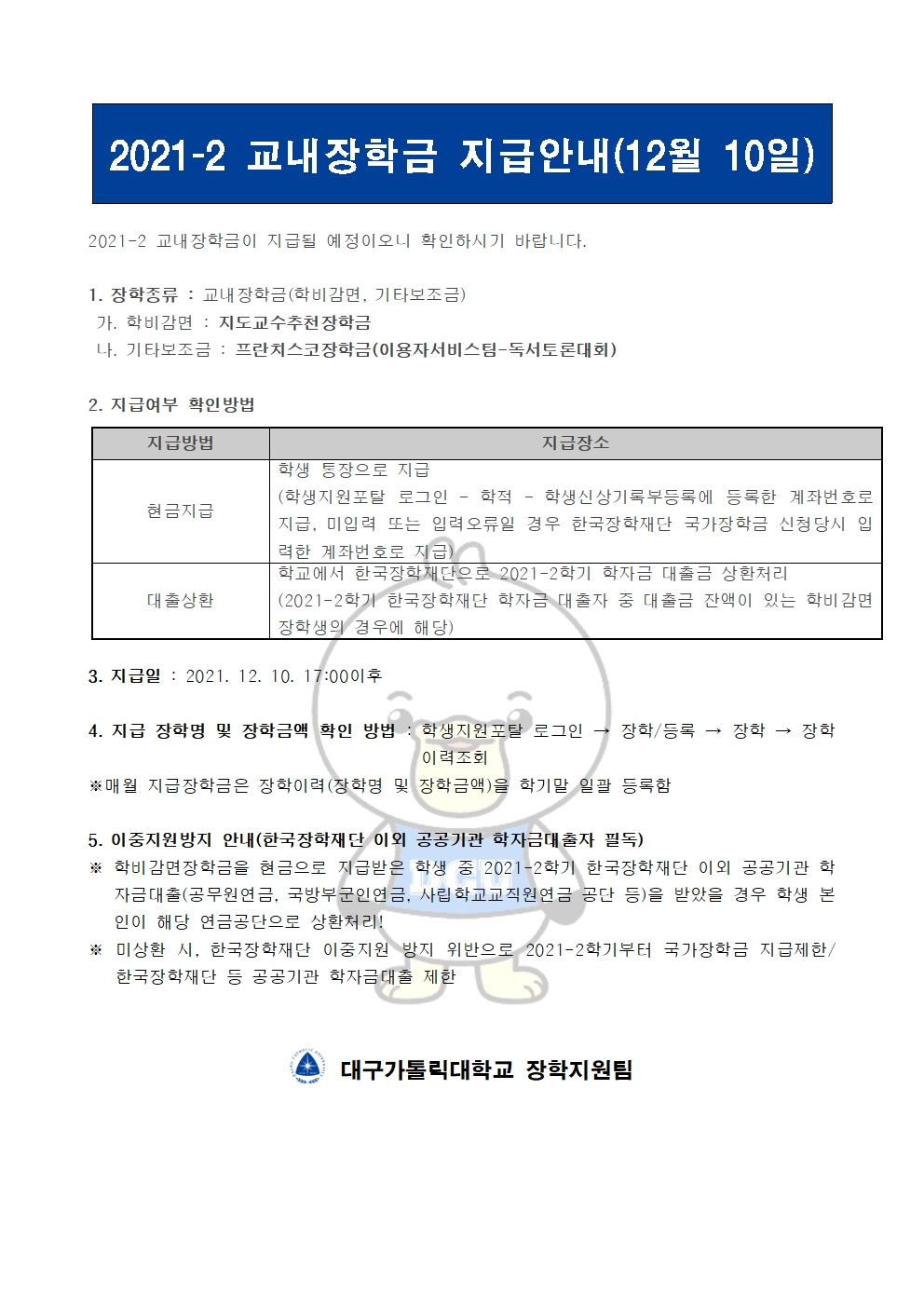 2021-2 교내장학금 지급안내(12월 10일) 


2021-2 교내장학금이 지급될 예정이오니 확인하시기 바랍니다.

1. 장학종류 : 교내장학금(학비감면, 기타보조금)
 가. 학비감면 : 지도교수추천장학금
 나. 기타보조금 : 프란치스코장학금(이용자서비스팀-독서토론대회)
                    
2. 지급여부 확인방법

지급방법
지급장소
현금지급
학생 통장으로 지급
(학생지원포탈 로그인 ? 학적 ? 학생신상기록부등록에 등록한 계좌번호로 지급, 미입력 또는 입력오류일 경우 한국장학재단 국가장학금 신청당시 입력한 계좌번호로 지급)
대출상환
학교에서 한국장학재단으로 2021-2학기 학자금 대출금 상환처리
(2021-2학기 한국장학재단 학자금 대출자 중 대출금 잔액이 있는 학비감면 장학생의 경우에 해당)


3. 지급일 : 2021. 12. 10. 17:00이후

4. 지급 장학명 및 장학금액 확인 방법 : 학생지원포탈 로그인 → 장학/등록 → 장학 → 장학이력조회
※매월 지급장학금은 장학이력(장학명 및 장학금액)을 학기말 일괄 등록함

5. 이중지원방지 안내(한국장학재단 이외 공공기관 학자금대출자 필독)
※ 학비감면장학금을 현금으로 지급받은 학생 중 2021-2학기 한국장학재단 이외 공공기관 학자금대출(공무원연금, 국방부군인연금, 사립학교교직원연금 공단 등)을 받았을 경우 학생 본인이 해당 연금공단으로 상환처리!
※ 미상환 시, 한국장학재단 이중지원 방지 위반으로 2021-2학기부터 국가장학금 지급제한/ 한국장학재단 등 공공기관 학자금대출 제한   


  대구가톨릭대학교 장학지원팀