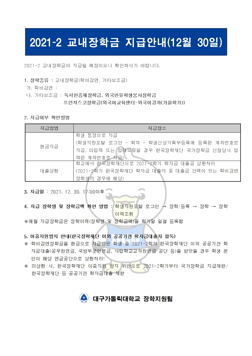 2021-2 교내장학금 지급안내(12월 30일) 


2021-2 교내장학금이 지급될 예정이오니 확인하시기 바랍니다.

1. 장학종류 : 교내장학금(학비감면, 기타보조금)
 가. 학비감면 : 
 나. 기타보조금 : 독서인증제장학금, 외국인유학생봉사장학금
                 프란치스코장학금(외국어교육센터-외국어강좌(가을학기))
                    
2. 지급여부 확인방법

지급방법
지급장소
현금지급
학생 통장으로 지급
(학생지원포탈 로그인 ? 학적 ? 학생신상기록부등록에 등록한 계좌번호로 지급, 미입력 또는 입력오류일 경우 한국장학재단 국가장학금 신청당시 입력한 계좌번호로 지급)
대출상환
학교에서 한국장학재단으로 2021-2학기 학자금 대출금 상환처리
(2021-2학기 한국장학재단 학자금 대출자 중 대출금 잔액이 있는 학비감면 장학생의 경우에 해당)


3. 지급일 : 2021. 12. 30. 17:00이후

4. 지급 장학명 및 장학금액 확인 방법 : 학생지원포탈 로그인 → 장학/등록 → 장학 → 장학이력조회
※매월 지급장학금은 장학이력(장학명 및 장학금액)을 학기말 일괄 등록함

5. 이중지원방지 안내(한국장학재단 이외 공공기관 학자금대출자 필독)
※ 학비감면장학금을 현금으로 지급받은 학생 중 2021-2학기 한국장학재단 이외 공공기관 학자금대출(공무원연금, 국방부군인연금, 사립학교교직원연금 공단 등)을 받았을 경우 학생 본인이 해당 연금공단으로 상환처리!
※ 미상환 시, 한국장학재단 이중지원 방지 위반으로 2021-2학기부터 국가장학금 지급제한/ 한국장학재단 등 공공기관 학자금대출 제한   


  대구가톨릭대학교 장학지원팀