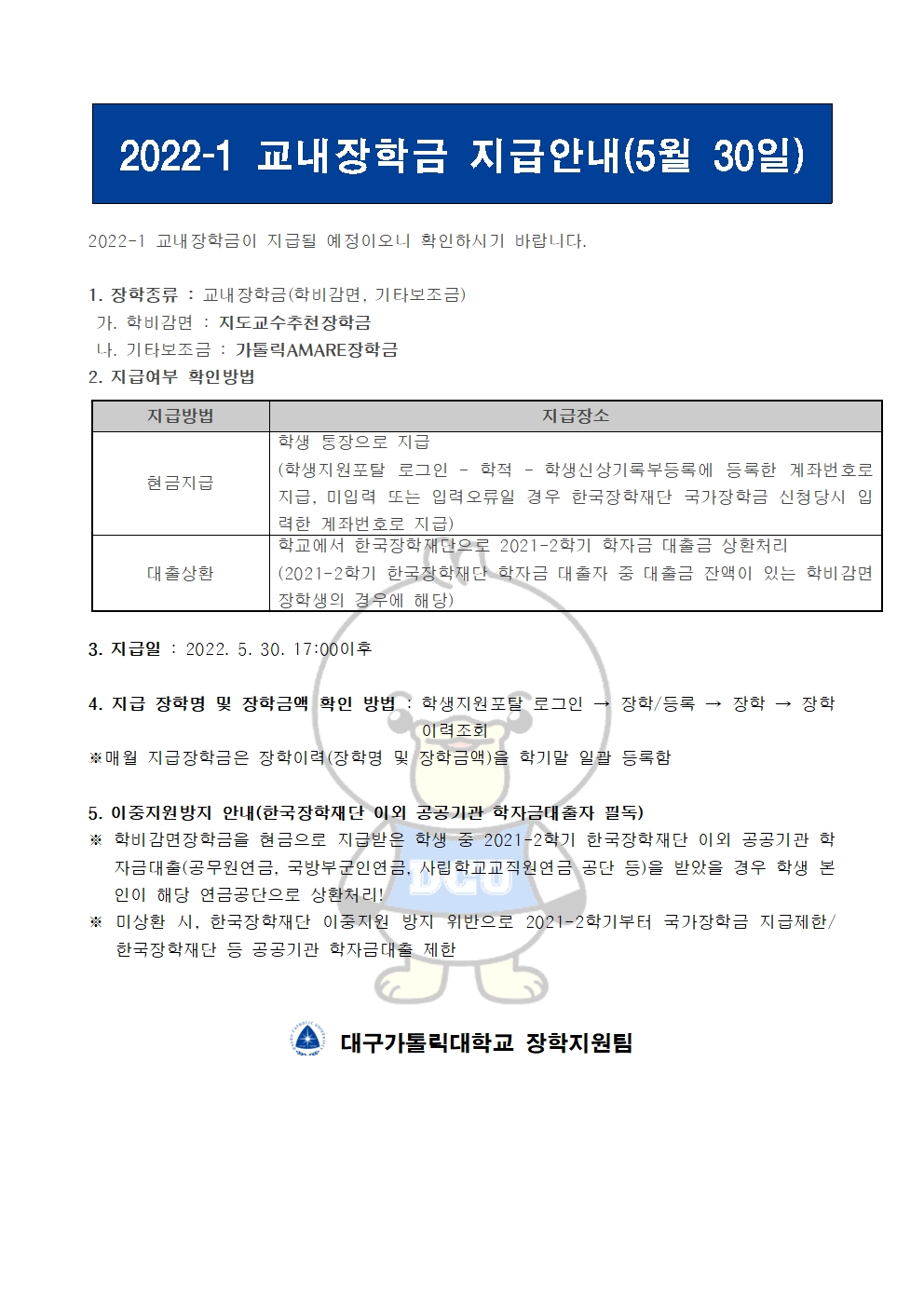 2022-1 교내장학금 지급안내(5월 30일) 


2022-1 교내장학금이 지급될 예정이오니 확인하시기 바랍니다.

1. 장학종류 : 교내장학금(학비감면, 기타보조금)
 가. 학비감면 : 지도교수추천장학금
 나. 기타보조금 : 가톨릭AMARE장학금
2. 지급여부 확인방법

지급방법
지급장소
현금지급
학생 통장으로 지급
(학생지원포탈 로그인 ? 학적 ? 학생신상기록부등록에 등록한 계좌번호로 지급, 미입력 또는 입력오류일 경우 한국장학재단 국가장학금 신청당시 입력한 계좌번호로 지급)
대출상환
학교에서 한국장학재단으로 2021-2학기 학자금 대출금 상환처리
(2021-2학기 한국장학재단 학자금 대출자 중 대출금 잔액이 있는 학비감면 장학생의 경우에 해당)


3. 지급일 : 2022. 5. 30. 17:00이후

4. 지급 장학명 및 장학금액 확인 방법 : 학생지원포탈 로그인 → 장학/등록 → 장학 → 장학이력조회
※매월 지급장학금은 장학이력(장학명 및 장학금액)을 학기말 일괄 등록함

5. 이중지원방지 안내(한국장학재단 이외 공공기관 학자금대출자 필독)
※ 학비감면장학금을 현금으로 지급받은 학생 중 2021-2학기 한국장학재단 이외 공공기관 학자금대출(공무원연금, 국방부군인연금, 사립학교교직원연금 공단 등)을 받았을 경우 학생 본인이 해당 연금공단으로 상환처리!
※ 미상환 시, 한국장학재단 이중지원 방지 위반으로 2021-2학기부터 국가장학금 지급제한/ 한국장학재단 등 공공기관 학자금대출 제한   


  대구가톨릭대학교 장학지원팀