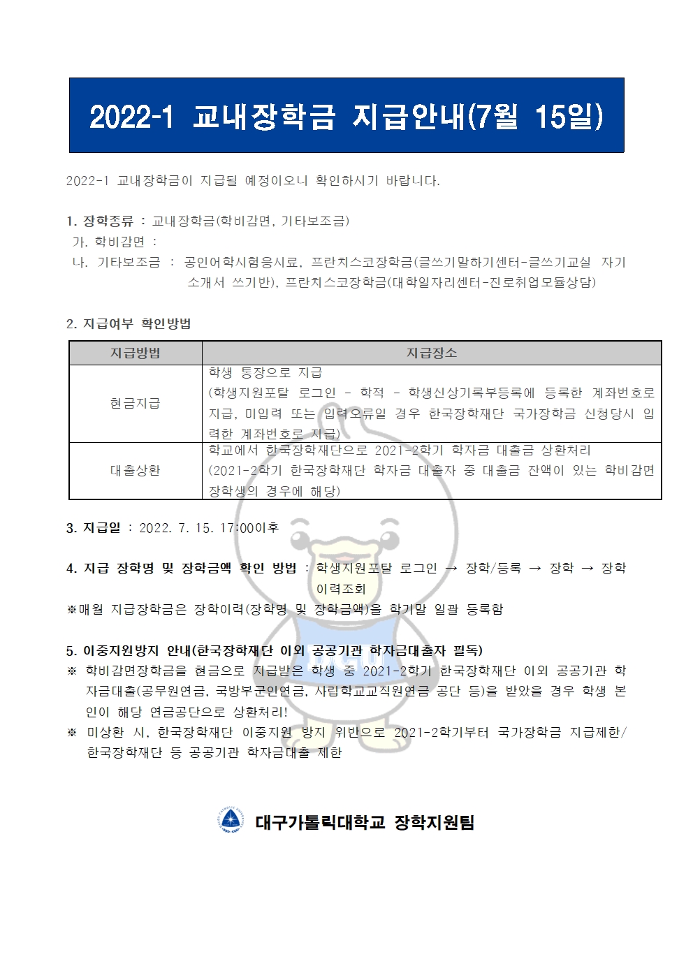 2022-1 교내장학금 지급안내(7월 15일) 


2022-1 교내장학금이 지급될 예정이오니 확인하시기 바랍니다.

1. 장학종류 : 교내장학금(학비감면, 기타보조금)
 가. 학비감면 : 
 나. 기타보조금 : 공인어학시험응시료, 프란치스코장학금(글쓰기말하기센터-글쓰기교실 자기소개서 쓰기반), 프란치스코장학금(대학일자리센터-진로취업모듈상담)
                 
2. 지급여부 확인방법

지급방법
지급장소
현금지급
학생 통장으로 지급
(학생지원포탈 로그인 ? 학적 ? 학생신상기록부등록에 등록한 계좌번호로 지급, 미입력 또는 입력오류일 경우 한국장학재단 국가장학금 신청당시 입력한 계좌번호로 지급)
대출상환
학교에서 한국장학재단으로 2021-2학기 학자금 대출금 상환처리
(2021-2학기 한국장학재단 학자금 대출자 중 대출금 잔액이 있는 학비감면 장학생의 경우에 해당)


3. 지급일 : 2022. 7. 15. 17:00이후

4. 지급 장학명 및 장학금액 확인 방법 : 학생지원포탈 로그인 → 장학/등록 → 장학 → 장학이력조회
※매월 지급장학금은 장학이력(장학명 및 장학금액)을 학기말 일괄 등록함

5. 이중지원방지 안내(한국장학재단 이외 공공기관 학자금대출자 필독)
※ 학비감면장학금을 현금으로 지급받은 학생 중 2021-2학기 한국장학재단 이외 공공기관 학자금대출(공무원연금, 국방부군인연금, 사립학교교직원연금 공단 등)을 받았을 경우 학생 본인이 해당 연금공단으로 상환처리!
※ 미상환 시, 한국장학재단 이중지원 방지 위반으로 2021-2학기부터 국가장학금 지급제한/ 한국장학재단 등 공공기관 학자금대출 제한   


  대구가톨릭대학교 장학지원팀