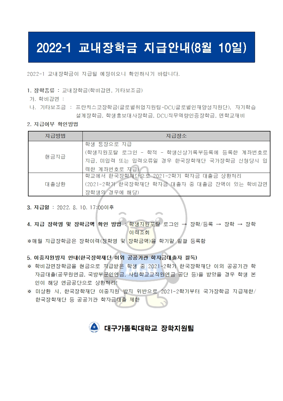 2022-1 교내장학금 지급안내(8월 10일)

2022-1 교내장학금이 지급될 예정이오니 확인하시기 바랍니다.

1. 장학종류 : 교내장학금(학비감면, 기타보조금)
 가. 학비감면 : 
 나. 기타보조금 : 프란치스코장학금(글로벌취업지원팀-DCU글로벌인재양성지원단), 자기학습설계장학금, 학생홍보대사장학금, DCU직무역량인증장학금, 면학교재비
2. 지급여부 확인방법

지급방법
지급장소
현금지급
학생 통장으로 지급
(학생지원포탈 로그인 ? 학적 ? 학생신상기록부등록에 등록한 계좌번호로 지급, 미입력 또는 입력오류일 경우 한국장학재단 국가장학금 신청당시 입력한 계좌번호로 지급)
대출상환
학교에서 한국장학재단으로 2021-2학기 학자금 대출금 상환처리
(2021-2학기 한국장학재단 학자금 대출자 중 대출금 잔액이 있는 학비감면 장학생의 경우에 해당)


3. 지급일 : 2022. 8. 10. 17:00이후

4. 지급 장학명 및 장학금액 확인 방법 : 학생지원포탈 로그인 → 장학/등록 → 장학 → 장학이력조회
※매월 지급장학금은 장학이력(장학명 및 장학금액)을 학기말 일괄 등록함

5. 이중지원방지 안내(한국장학재단 이외 공공기관 학자금대출자 필독)
※ 학비감면장학금을 현금으로 지급받은 학생 중 2021-2학기 한국장학재단 이외 공공기관 학자금대출(공무원연금, 국방부군인연금, 사립학교교직원연금 공단 등)을 받았을 경우 학생 본인이 해당 연금공단으로 상환처리!
※ 미상환 시, 한국장학재단 이중지원 방지 위반으로 2021-2학기부터 국가장학금 지급제한/ 한국장학재단 등 공공기관 학자금대출 제한   


  대구가톨릭대학교 장학지원팀