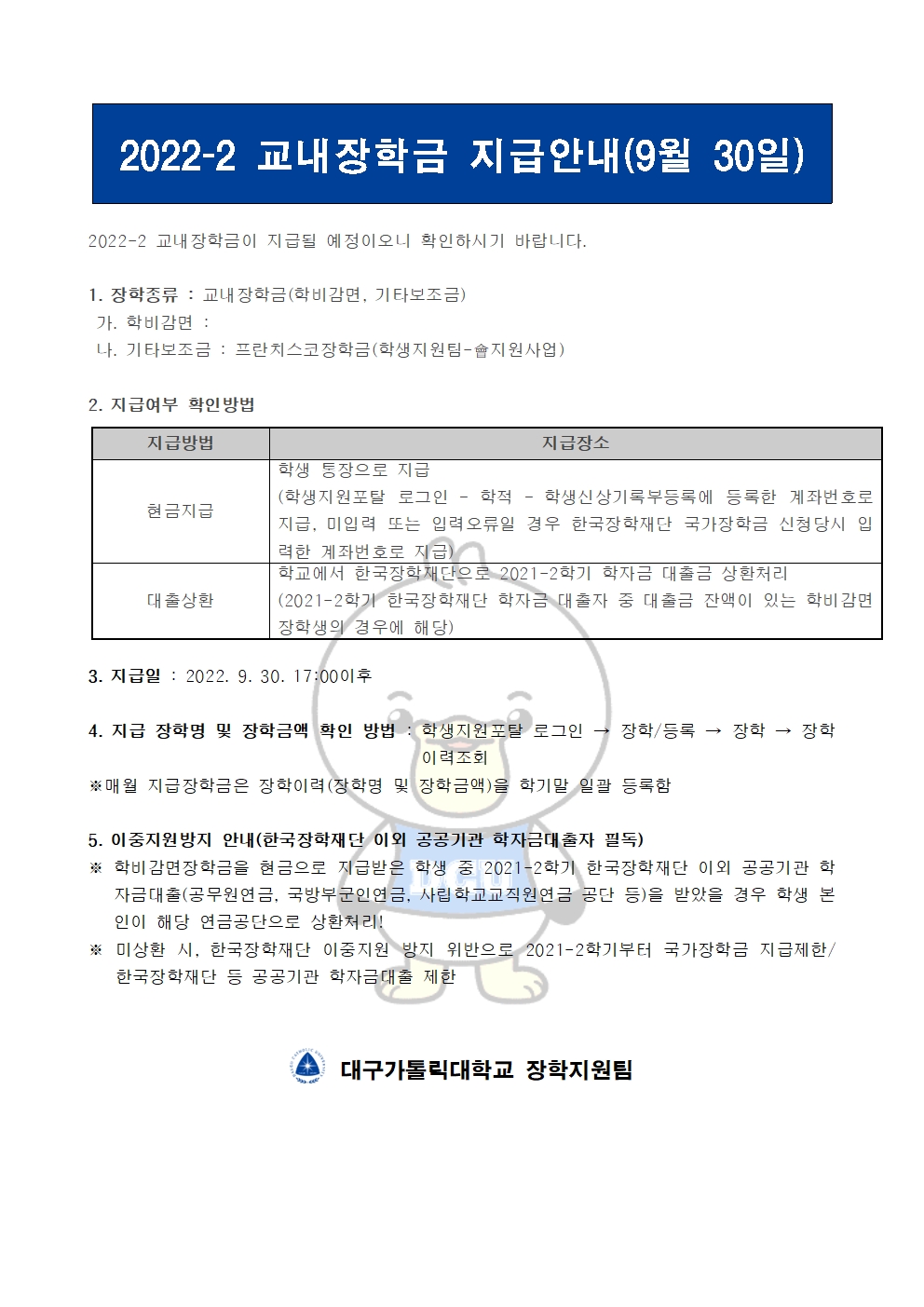 2022-2 교내장학금 지급안내(9월 30일) 


2022-2 교내장학금이 지급될 예정이오니 확인하시기 바랍니다.

1. 장학종류 : 교내장학금(학비감면, 기타보조금)
 가. 학비감면 : 
 나. 기타보조금 : 프란치스코장학금(학생지원팀-會지원사업)

2. 지급여부 확인방법

지급방법
지급장소
현금지급
학생 통장으로 지급
(학생지원포탈 로그인 ? 학적 ? 학생신상기록부등록에 등록한 계좌번호로 지급, 미입력 또는 입력오류일 경우 한국장학재단 국가장학금 신청당시 입력한 계좌번호로 지급)
대출상환
학교에서 한국장학재단으로 2021-2학기 학자금 대출금 상환처리
(2021-2학기 한국장학재단 학자금 대출자 중 대출금 잔액이 있는 학비감면 장학생의 경우에 해당)


3. 지급일 : 2022. 9. 30. 17:00이후

4. 지급 장학명 및 장학금액 확인 방법 : 학생지원포탈 로그인 → 장학/등록 → 장학 → 장학이력조회
※매월 지급장학금은 장학이력(장학명 및 장학금액)을 학기말 일괄 등록함

5. 이중지원방지 안내(한국장학재단 이외 공공기관 학자금대출자 필독)
※ 학비감면장학금을 현금으로 지급받은 학생 중 2021-2학기 한국장학재단 이외 공공기관 학자금대출(공무원연금, 국방부군인연금, 사립학교교직원연금 공단 등)을 받았을 경우 학생 본인이 해당 연금공단으로 상환처리!
※ 미상환 시, 한국장학재단 이중지원 방지 위반으로 2021-2학기부터 국가장학금 지급제한/ 한국장학재단 등 공공기관 학자금대출 제한   


  대구가톨릭대학교 장학지원팀