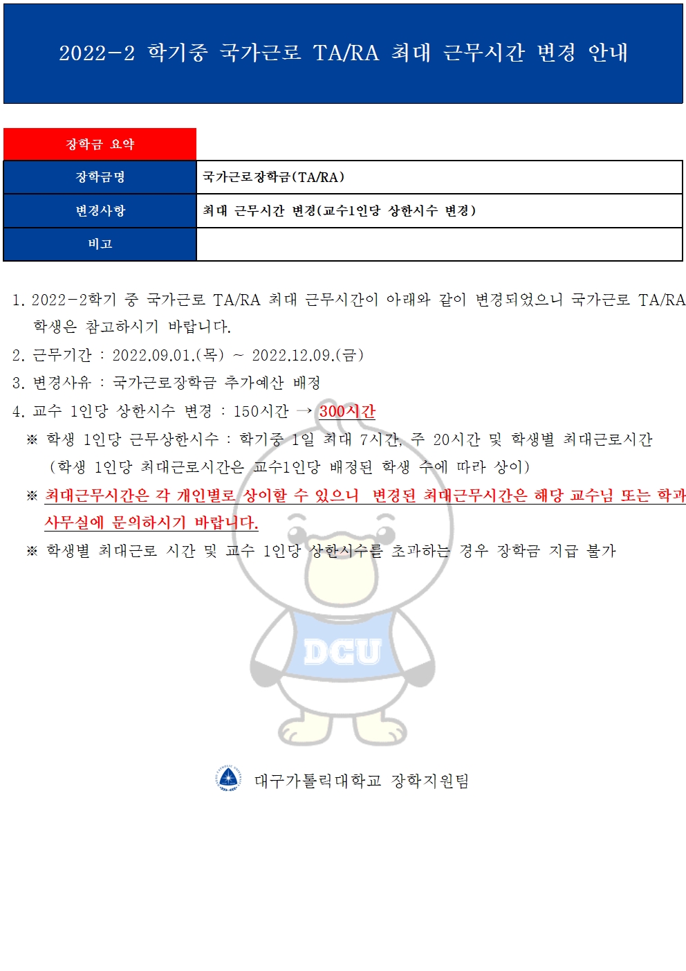 [근로]2022-2 학기중 국가근로 TA/RA 최대 근무시간 변경 안내