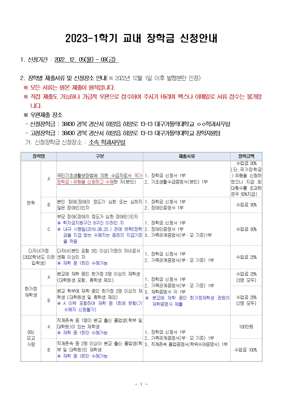 2023-1학기 교내장학금 신청 안내