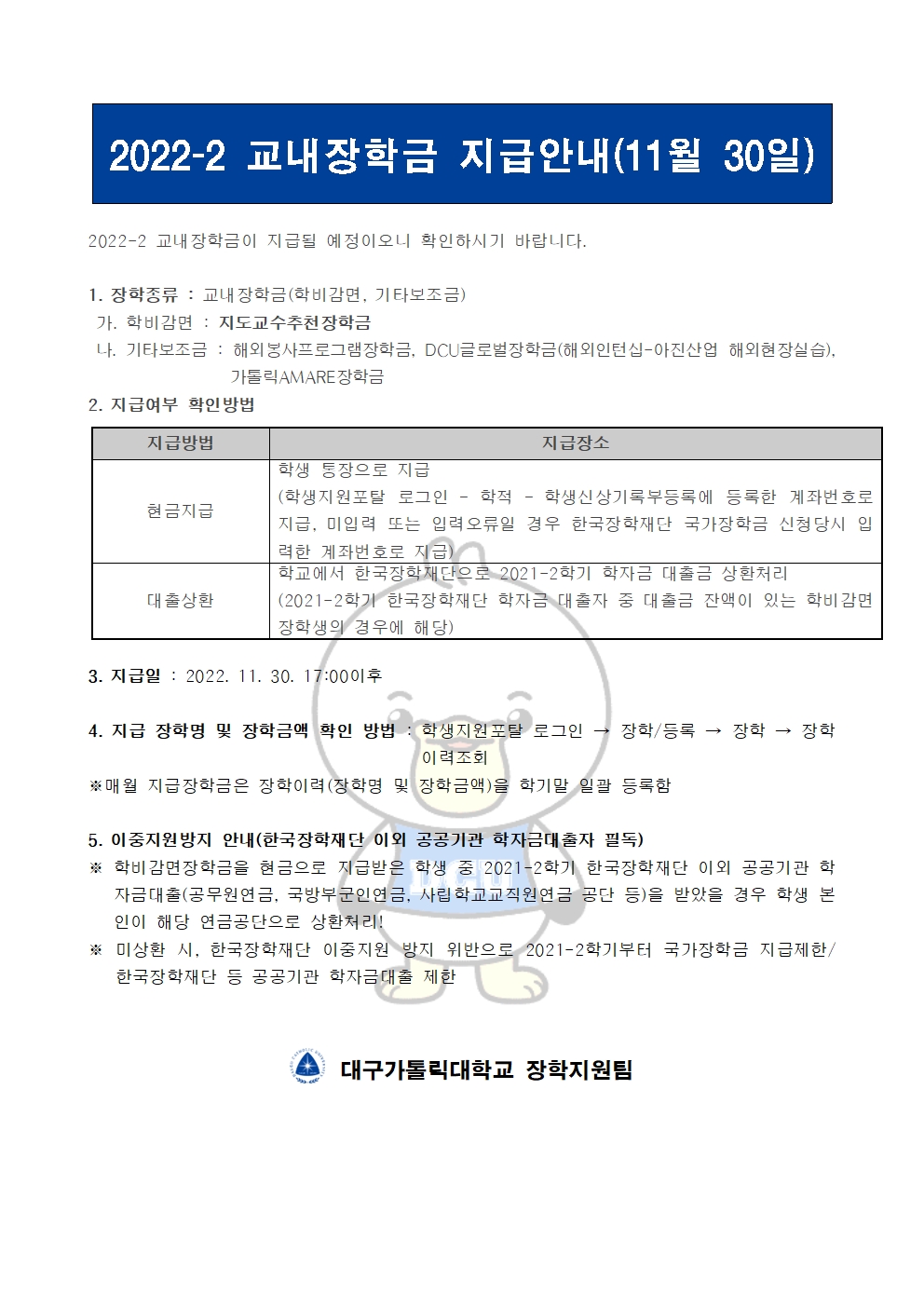 2022-2 교내장학금 지급안내(11월 30일) 


2022-2 교내장학금이 지급될 예정이오니 확인하시기 바랍니다.

1. 장학종류 : 교내장학금(학비감면, 기타보조금)
 가. 학비감면 : 지도교수추천장학금
 나. 기타보조금 : 해외봉사프로그램장학금, DCU글로벌장학금(해외인턴십-아진산업 해외현장실습), 가톨릭AMARE장학금
2. 지급여부 확인방법

지급방법
지급장소
현금지급
학생 통장으로 지급
(학생지원포탈 로그인 ? 학적 ? 학생신상기록부등록에 등록한 계좌번호로 지급, 미입력 또는 입력오류일 경우 한국장학재단 국가장학금 신청당시 입력한 계좌번호로 지급)
대출상환
학교에서 한국장학재단으로 2021-2학기 학자금 대출금 상환처리
(2021-2학기 한국장학재단 학자금 대출자 중 대출금 잔액이 있는 학비감면 장학생의 경우에 해당)


3. 지급일 : 2022. 11. 30. 17:00이후

4. 지급 장학명 및 장학금액 확인 방법 : 학생지원포탈 로그인 → 장학/등록 → 장학 → 장학이력조회
※매월 지급장학금은 장학이력(장학명 및 장학금액)을 학기말 일괄 등록함

5. 이중지원방지 안내(한국장학재단 이외 공공기관 학자금대출자 필독)
※ 학비감면장학금을 현금으로 지급받은 학생 중 2021-2학기 한국장학재단 이외 공공기관 학자금대출(공무원연금, 국방부군인연금, 사립학교교직원연금 공단 등)을 받았을 경우 학생 본인이 해당 연금공단으로 상환처리!
※ 미상환 시, 한국장학재단 이중지원 방지 위반으로 2021-2학기부터 국가장학금 지급제한/ 한국장학재단 등 공공기관 학자금대출 제한   


  대구가톨릭대학교 장학지원팀