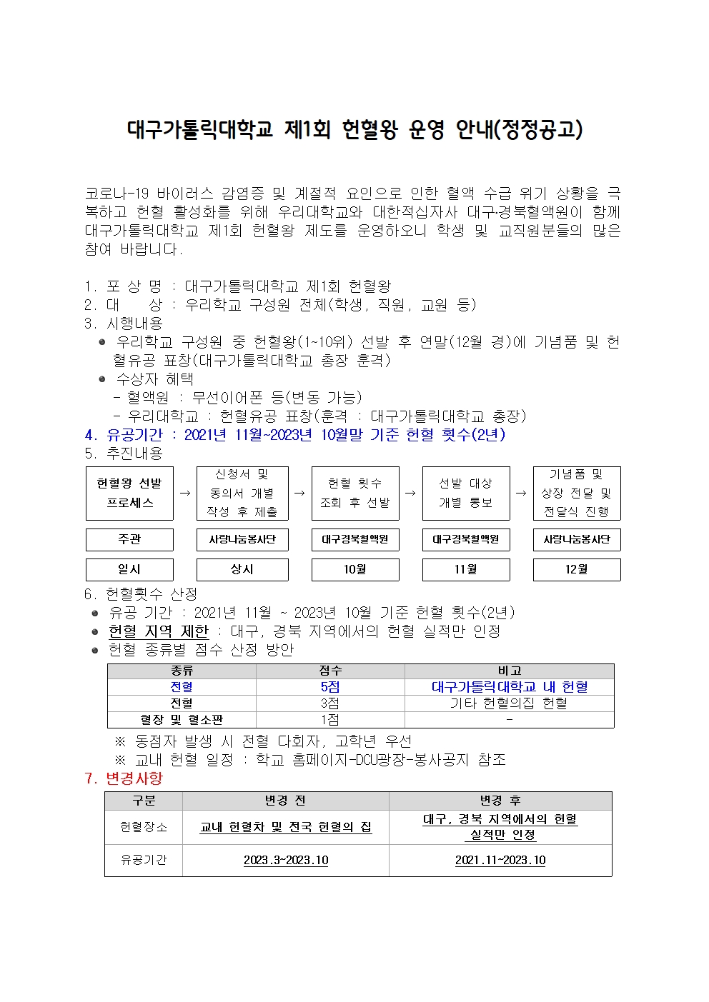 대구가톨릭대학교 제1회 헌혈왕 운영 안내(정정공고)