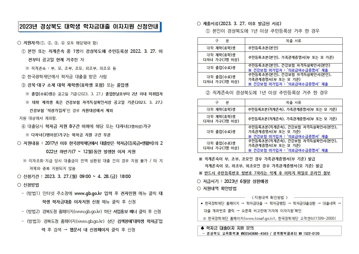 2023년 경상북도 대학생 학자금대출 이자지원 신청안내