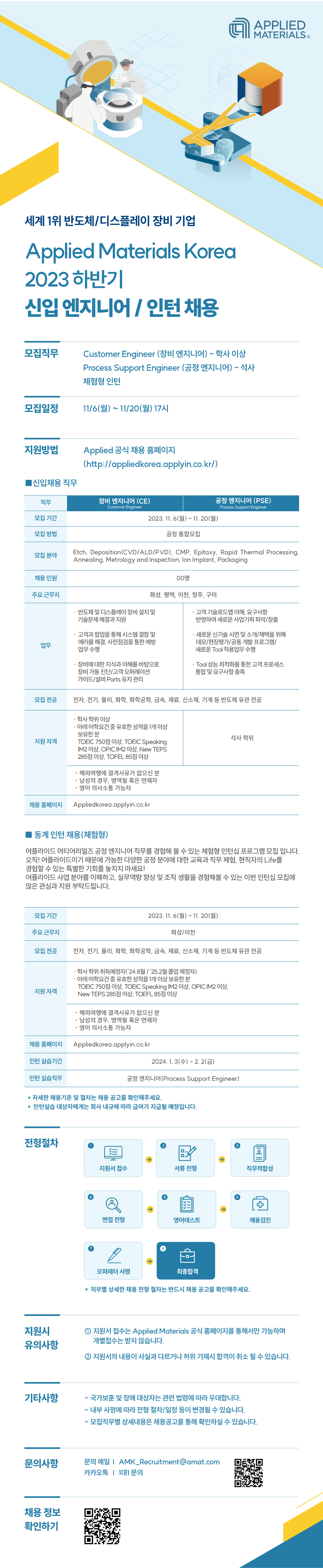 2023년 하반기 어플라이드 머티어리얼즈 코리아 신입 엔지니어/인턴 채용(~11/20)