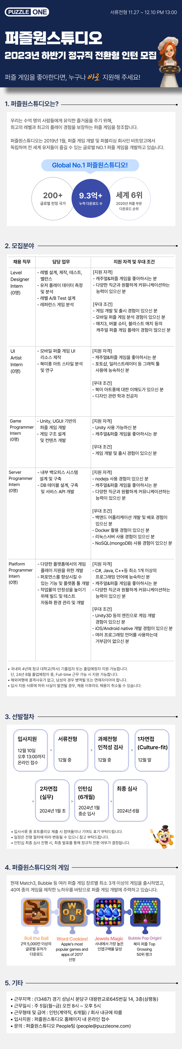 게임회사 퍼즐원스튜디오 채용연계형 인턴 공고(~12/10)