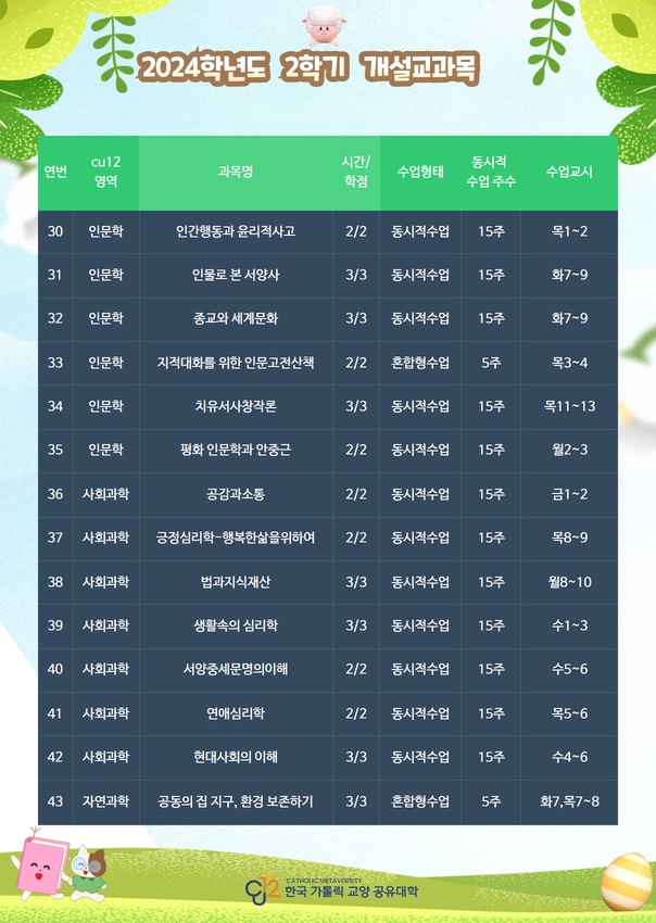 2024학년도 2학기 한국가톨릭교양공유대학(CU12) 수강신청 안내