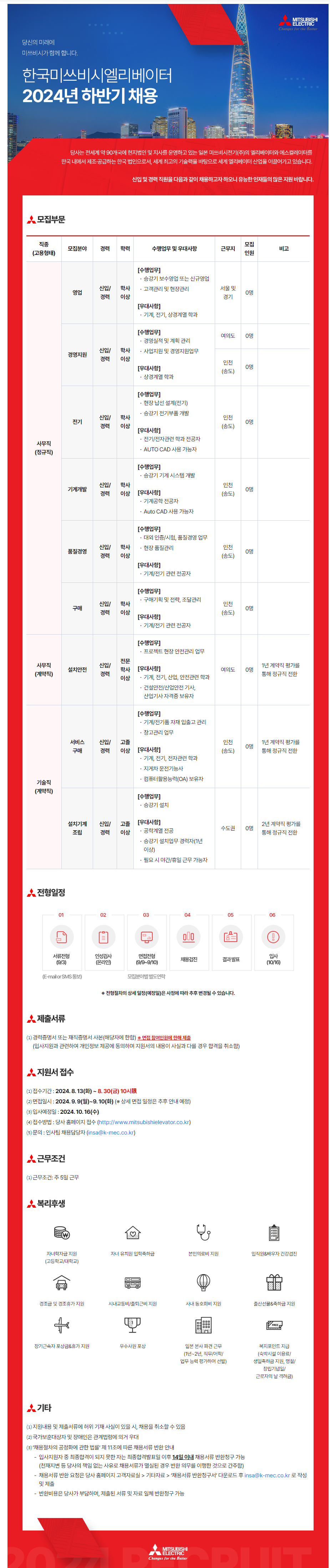 한국미쓰비시엘리베이터 직원 채용(~8/30)