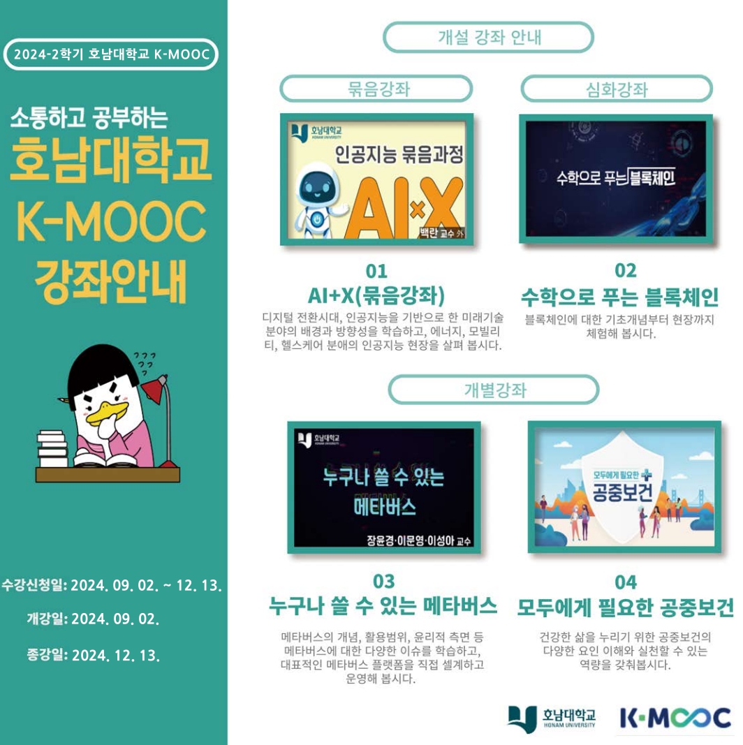 2024학년도 한국형 온라인 공개강좌(K-MOOC)수강 안내(선문대학교, 호남대학교, 성신여자대학교)