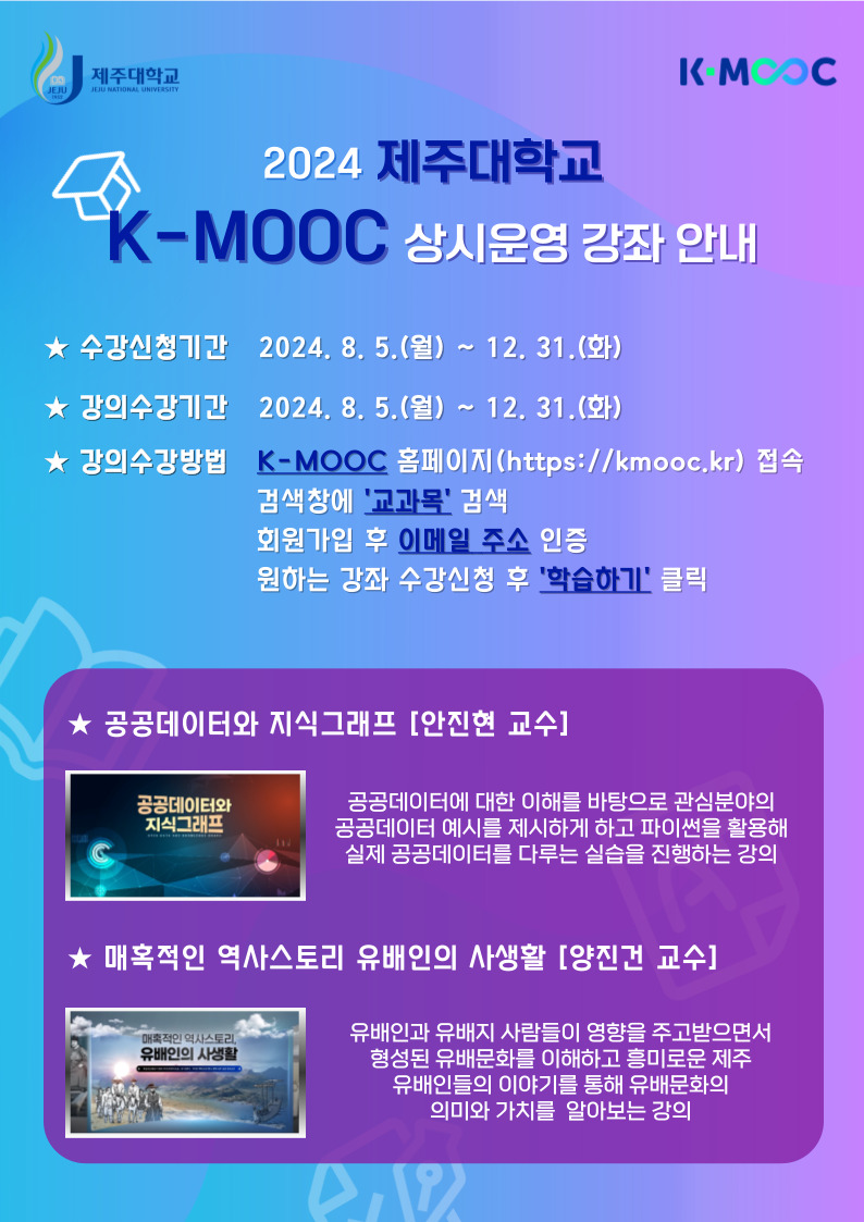 2024학년도 한국형 온라인 공개강좌(K-MOOC)수강 안내(배재대학교, 동아대학교, 제주대학교)