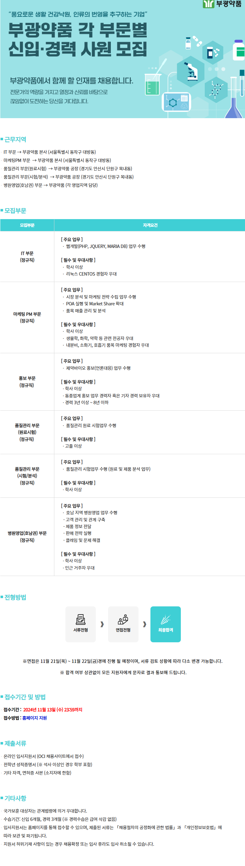 부광약품] 각 부문별 신입 및 경력사원 채용(~11/13)